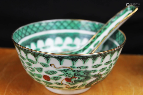 Antique Chinese Porcelain Rice Bowl and Spoon