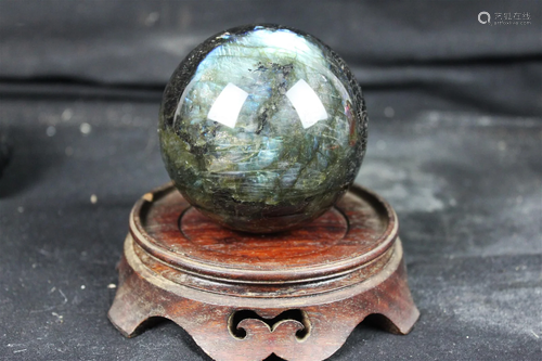 Antique Hand carved Black Crystal Ball w/ wood stand