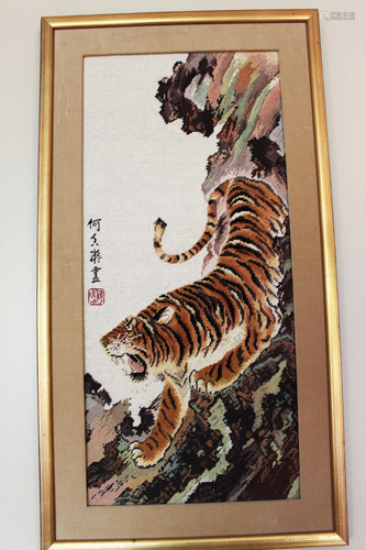 Hand Carved Chinese Tiger Painting - silk /niddle made