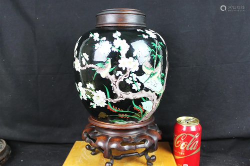 Antique Chinese Black & Plum Flower Vase