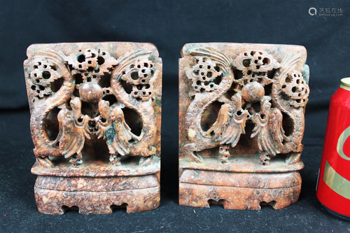 A Pair Chinese Hand Carved Stone - Dragon Patterns