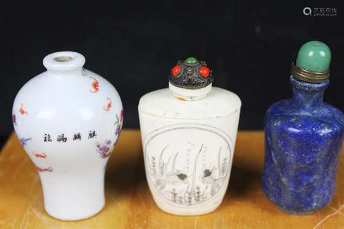 3 Chinese Snuff bottles-qingjin stone, porcelain