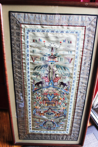 Antique Chinese Hand Carved Silk Painting