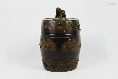 Antique Chinese Brass Covered Wooden Container w/ Bronze Foo...