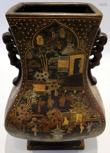 A lacquered and brocaded vase with figures and lanscape desi...