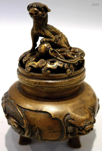 A bronze tripot censer with dragon design. "LuChang&quo...