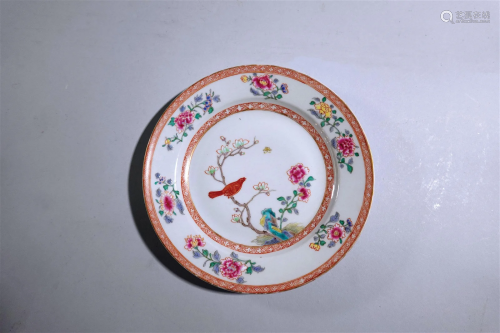 A famille rose flowers and bird plate. Qing Dynasty.