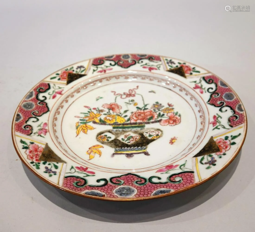 A famille rose flowers basket plate. Mid-Qing Dynasty.