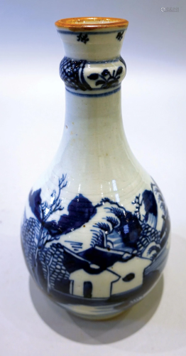 A blue and white vase with landscape pattern and sauce glaze...