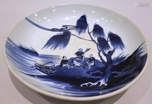 A large plate with blue and white landscape and figures.