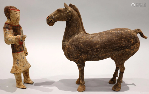 A Terra-cotta figure and horse. Han Dynasty.