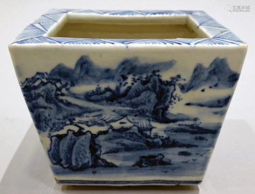 A blue and white square pot with landscape design. Late Qing...
