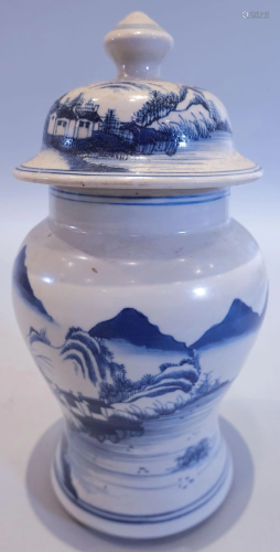 A vase with blue and white landscape pattern with cover, dou...