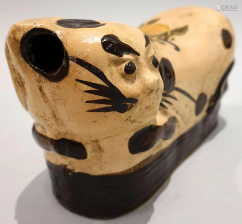 A CiZhou kiln cat-shaped pillow, earth tone brown colour. So...