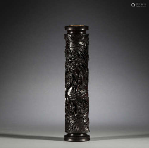 Red sandalwood character story pen holder in the Qing Dynast...