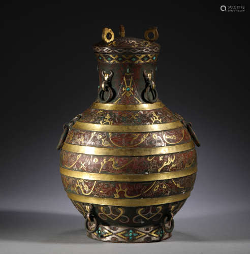 Han Dynasty, Bronze Bird and beast jar inlaid with gold and ...