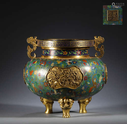 Qing Dynasty, copper Cloisonne tripod stove