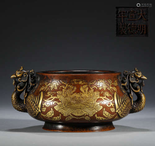 Ming Dynasty, copper gilded double phoenix ear furnace