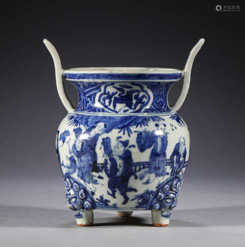 Ming Dynasty, blue and white character story, three legged d...