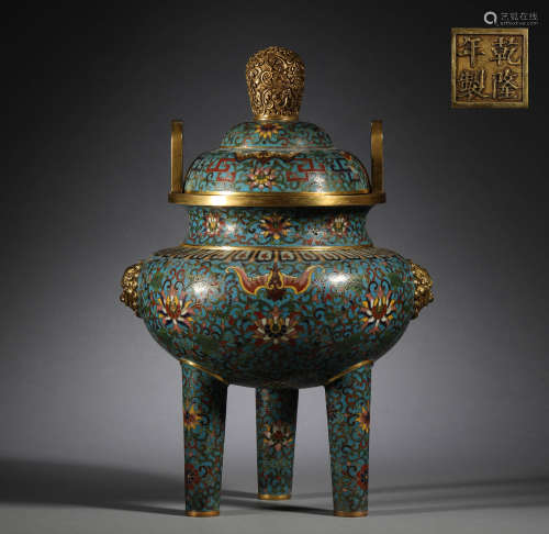 In the Qing Dynasty, copper Cloisonne three legged two ear s...