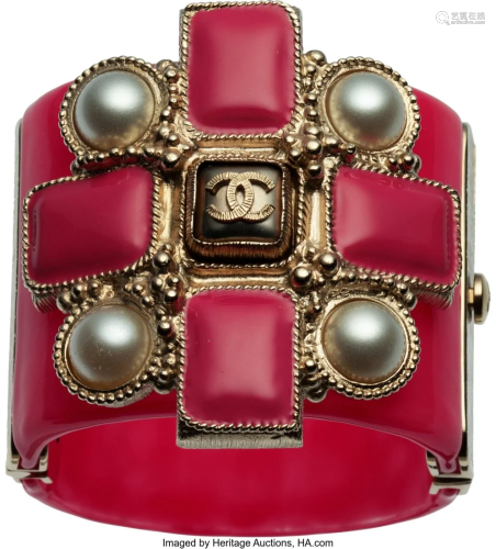 Chanel Pink Resin and Pearl Cuff Bracelet with G