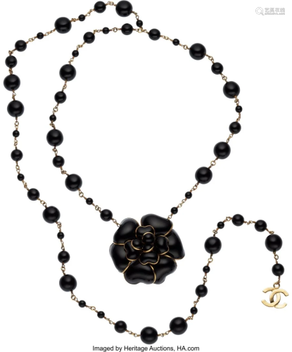 Chanel Black Bead Camellia Necklace with Gold Ha