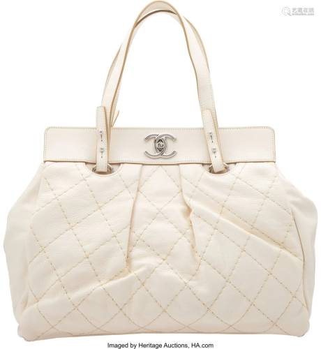 Chanel White Calfskin Leather Tote Bag with Silv