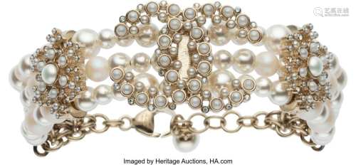 Chanel Triple-Strand Pearl CC Bracelet with Gold