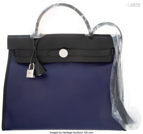 Hermès 31cm Bleu Encre Canvas & Black Vache Hun