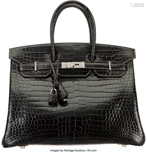 Hermès 35cm Shiny Graphite Porosus Crocodile Bi