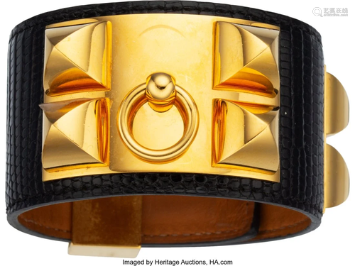 Hermès Black Lizard Collier de Chien Bracelet w