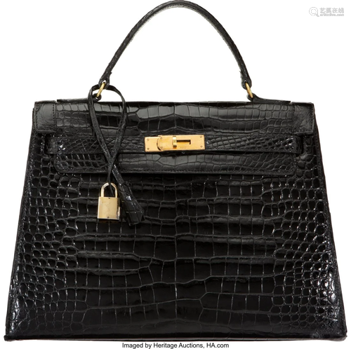 Hermès Vintage 32cm Shiny Black Alligator Selli