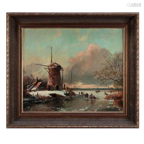 JOHANNES SCHELFMAN (1903-?), FROZEN LANDSCAPE WITH FIGURES A...