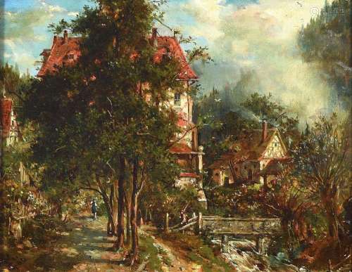 Monogramist JM, dated 1900, Houses and Bridge in a Valley