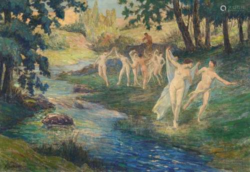 Henri Charrier, 1859-1950, Dancing nudes at a beck in the