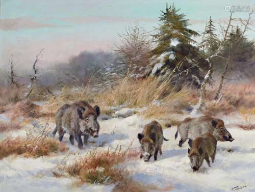 Fritz Laube, 1914 - 1993, Wild boars in a snowy