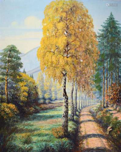 P. Heieck, dated (19)73, autumnal landscape, path of
