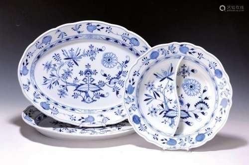 3 parts Meissen porcelain, blue onion pattern,2 oval