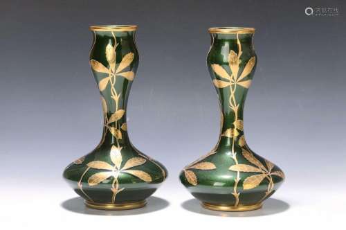 pair of vases, Marienthal, around 1900, green glass with