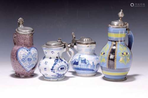 4 small faience jugs, German, 18th century, with pewter