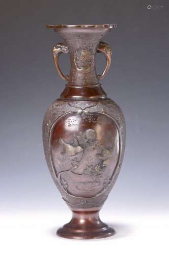 Vase, Japan, around 1900, bronze, rich relief of birds and