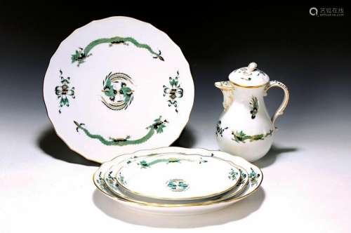 5 pieces of porcelain, Meissen, 20th century, green court