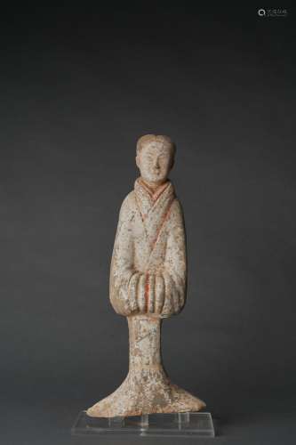 A LARGE PAINTED GREY POTTERY FIGURE OF A COURT LADY, HAN DYN...