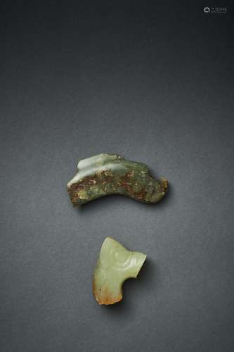 TWO CELADON JADE DRAGON FRAGMENT, LATE HONGSHAN CULTURE, CIR...