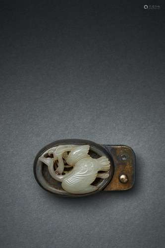 A WHITE JADE CARVED BELT BUCKLE "QIUSHAN" MOUNTED ...