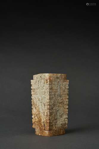 A RARE MOTTLED WHITE JADE FIVE-TIERED CONG, NEOLITHIC PERIOD...