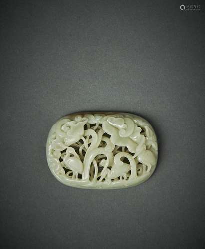 A WHITE JADE PIERCED OBLONG PLAQUE"CHUNSHUI", YUAN...