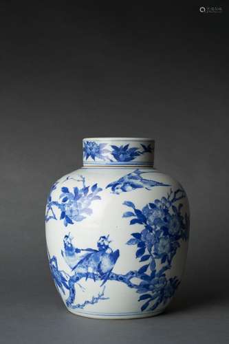 A LARGE BLUE AND WHITE OVOID JAR AND COVER, QING DYNASTY, KA...