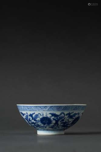 A RARE AND FINE SMALL BLUE AND WHITE WINE BOWL, GUANGXU DING...