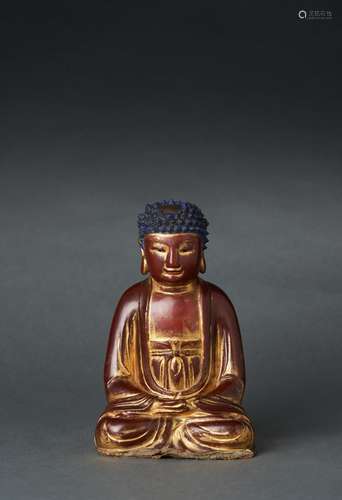 A GOLD LACQUERED WOOD FIGURE OF AMIDA BUDDHA, MING DYNASTY, ...